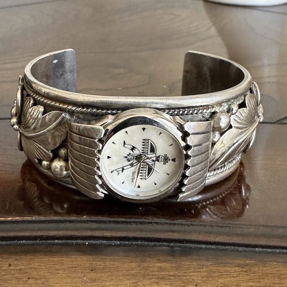 VTG William Singer Navajo Watch Open‎ Cuff Bracelet Size 6 Sterling 70.7g Works